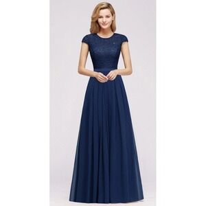 Dressystar Lace Chiffon Maxi Dress Women Medium Navy Blue Cap Sleeve Gown